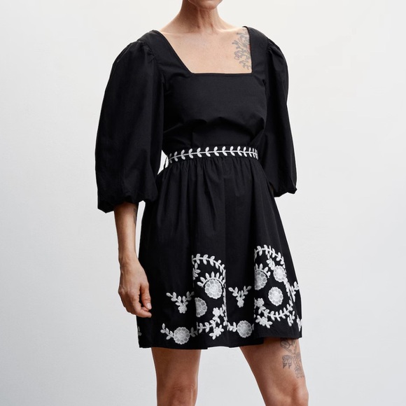 MNG Mango Black Square-Neck Puff Sleeve Mini Dress with White Floral Embroidery - Picture 15 of 16